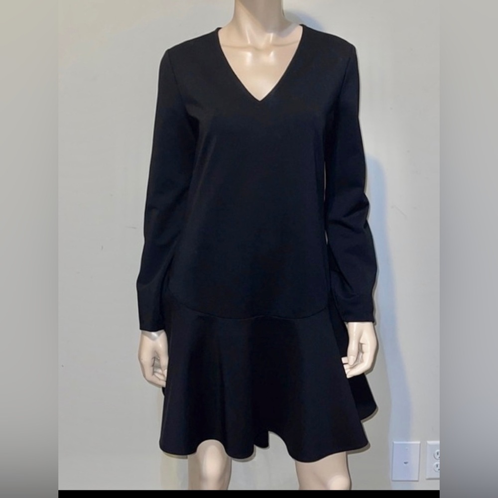 Black V-Neck Long Sleeve Midi Dress L